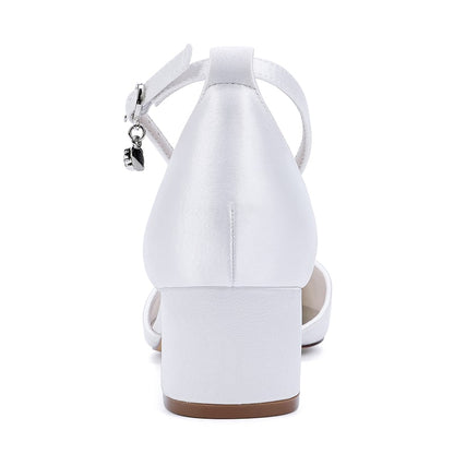 Elegant chunky heel ankle strap wedding shoes in white, perfect for bridal or special occasions