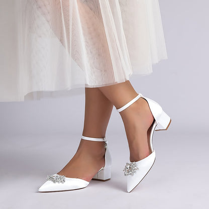 Elegant chunky heel ankle strap wedding shoes in white with sparkling embellishments