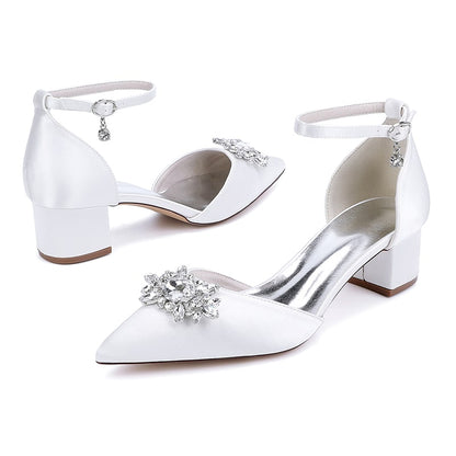 Elegant chunky heel ankle strap wedding shoes with a crystal embellishment for bridal style