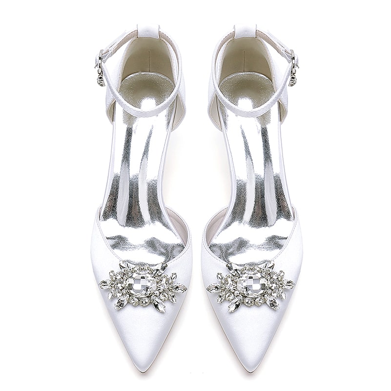 Elegant chunky heel ankle strap wedding shoes in white satin with jeweled embellishments