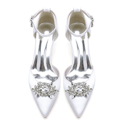 Elegant chunky heel ankle strap wedding shoes in white satin with jeweled embellishments