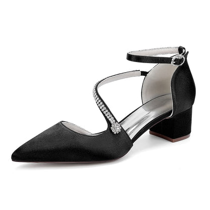 Elegant chunky heel bridal heels in black satin with ankle strap and embellishments for special occasions