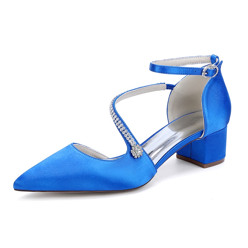 Blue satin chunky heel bridal heels with elegant ankle strap and sparkling detail for wedding occasions