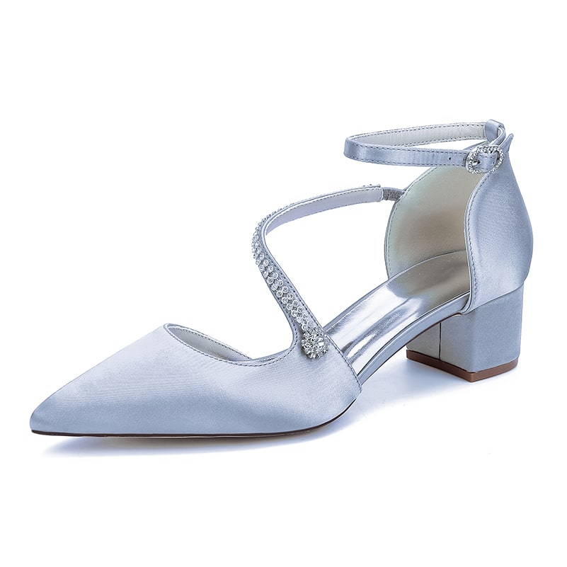 Elegant blue chunky heel bridal heels with ankle straps and decorative embellishments