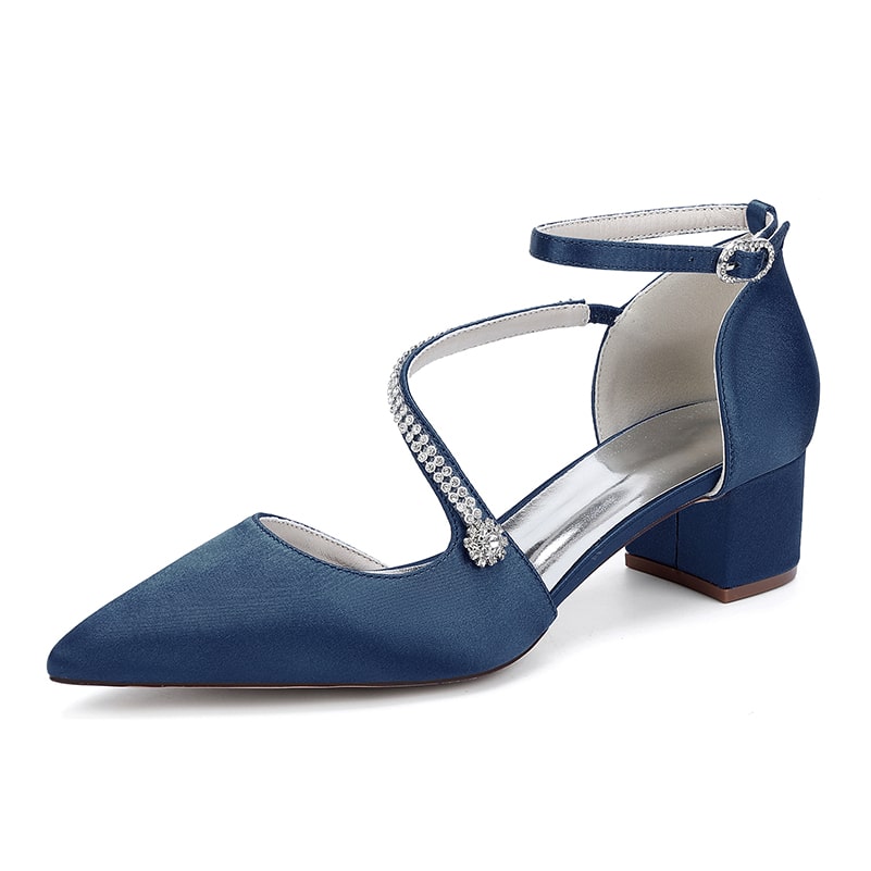 Elegant blue chunky heel bridal heels with ankle strap and decorative detailing for brides