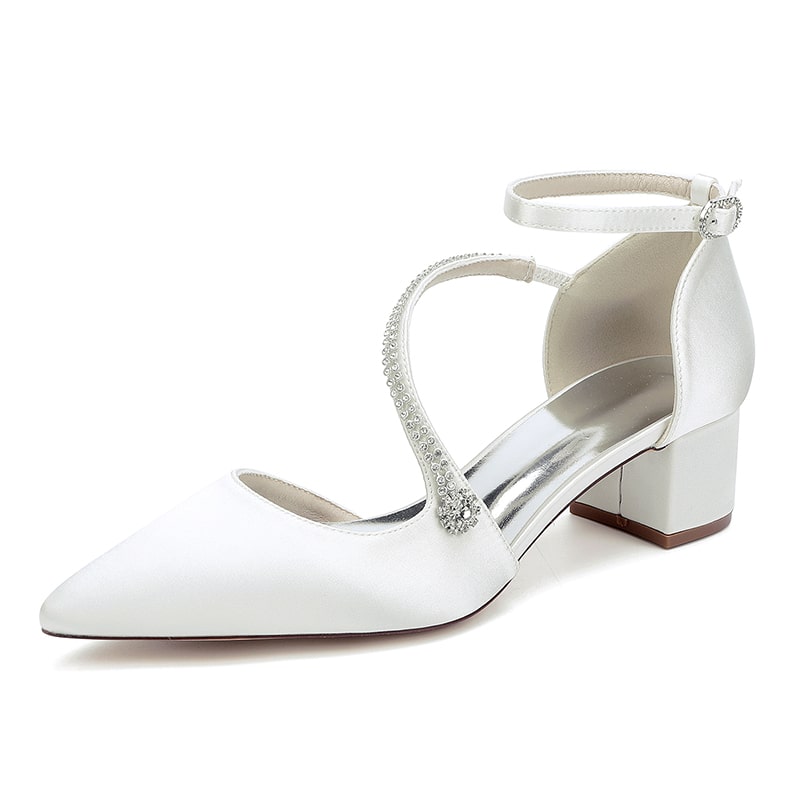 Elegant white chunky heel bridal heels with ankle strap and decorative beading for weddings