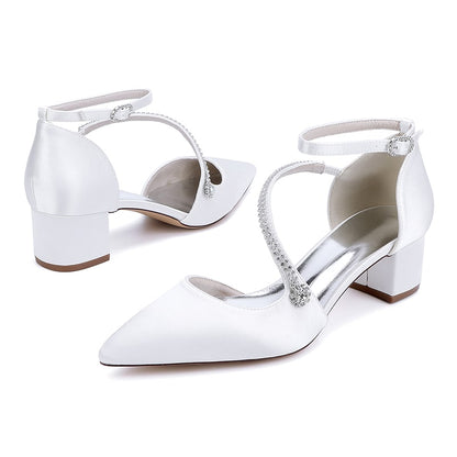 Elegant white chunky heel bridal heels with ankle strap and pointed toe design