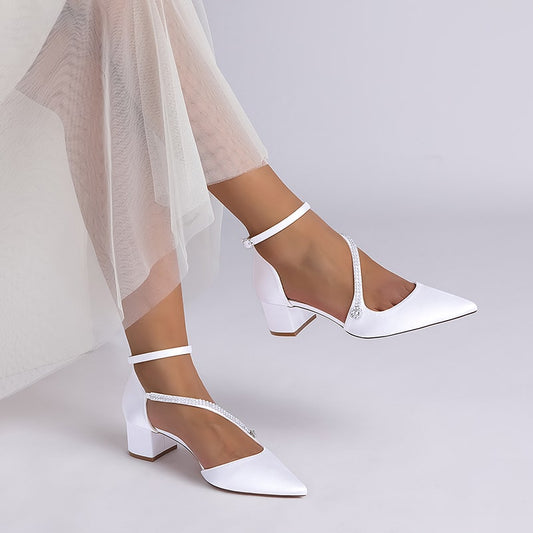 Elegant white chunky heel bridal heels with dainty ankle strap for a stylish wedding look