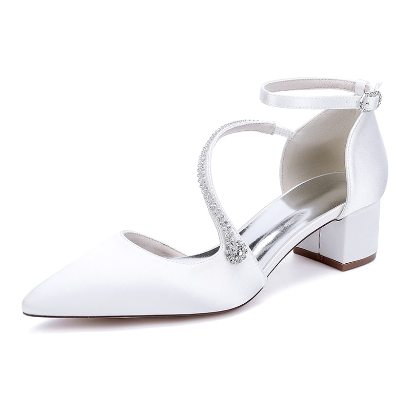 White Chunky Heel Bridal Heels with Elegant Ankle Strap and Beaded Detail for Weddings