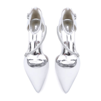 Elegant sd-hk chunky heel bridal heels in white satin with adjustable strap and luxurious silver accents