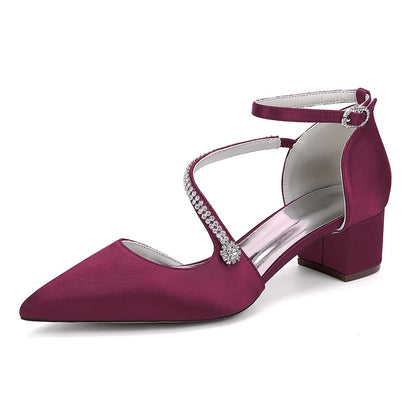 Elegant maroon chunky heel bridal heels with sparkling ankle strap for special occasions