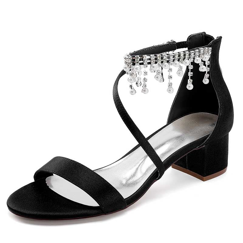 Elegant black chunky heel formal shoes with rhinestones featuring a stylish ankle strap