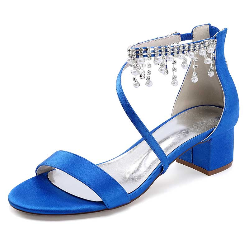 Blue chunky heel formal shoes with rhinestones featuring a stylish ankle strap design