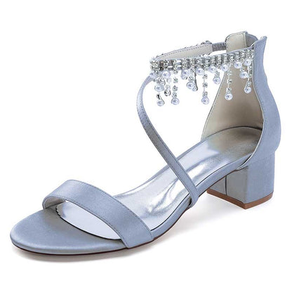 Stylish chunky heel formal shoes with rhinestones in blue with elegant ankle strap design