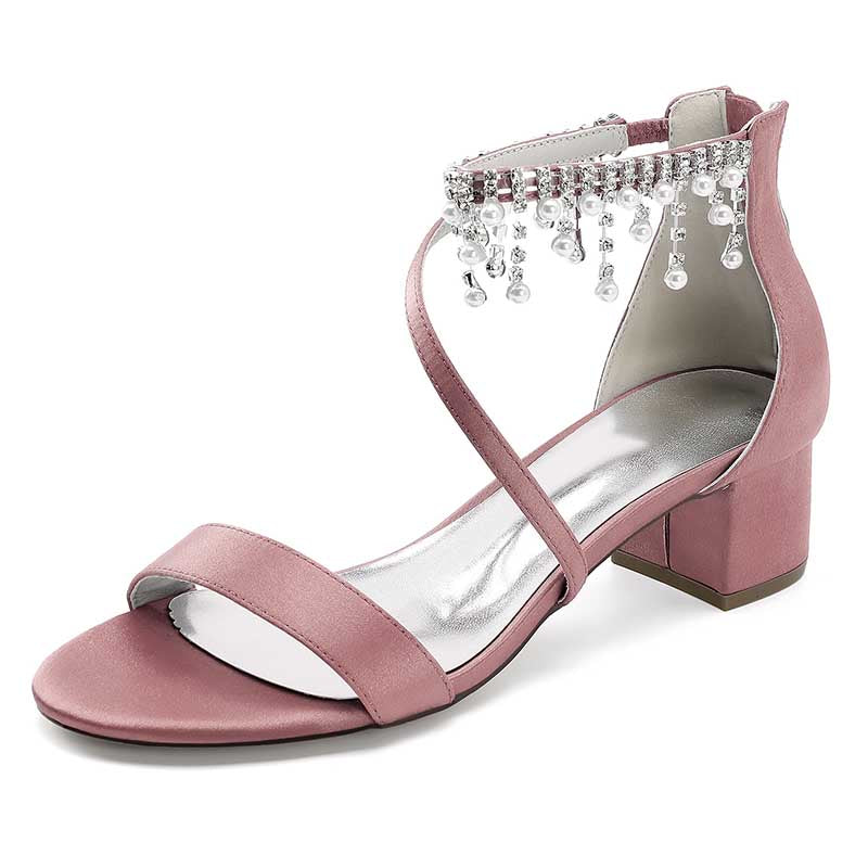 Pink chunky heel formal shoes with rhinestones and elegant ankle strap design