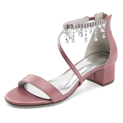 Pink chunky heel formal shoes with rhinestones and elegant ankle strap design