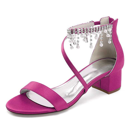 Pink chunky heel formal shoes with rhinestones featuring stylish ankle strap design
