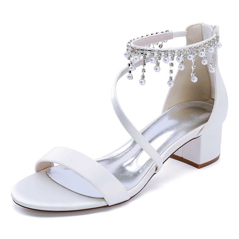 Elegant chunky heel formal shoes with rhinestones featuring a stylish ankle strap and open toe design