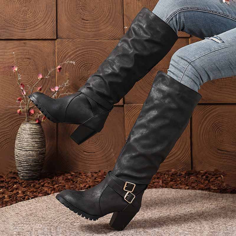 Stylish chunky heel knee-high boots with buckles for a trendy look and comfortable wear