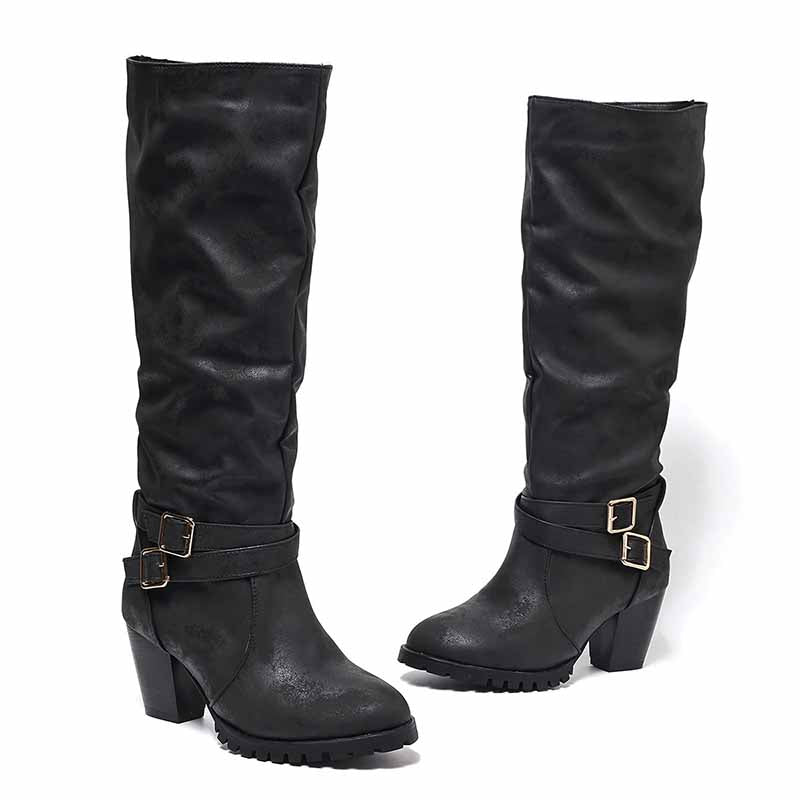 Chunky heel knee-high boots with stylish buckles and a sleek black design for fashionable wear