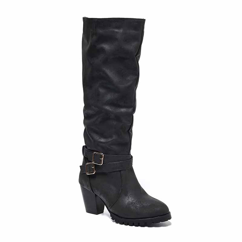 Chunky heel knee-high boots in black with stylish buckle detail for a chic look