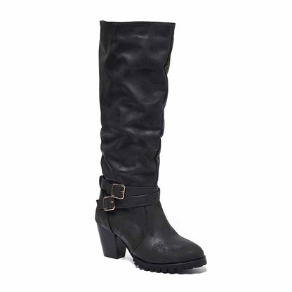 Chunky heel knee-high boots in black with stylish buckle detail for a chic look