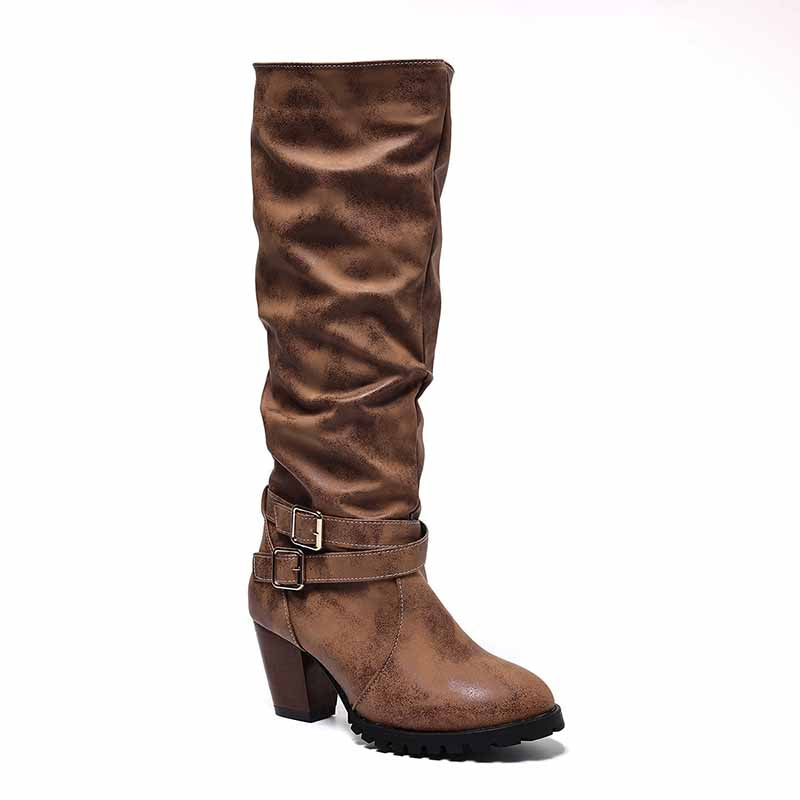 Brown chunky heel knee-high boots with buckle details and slouchy design for stylish looks