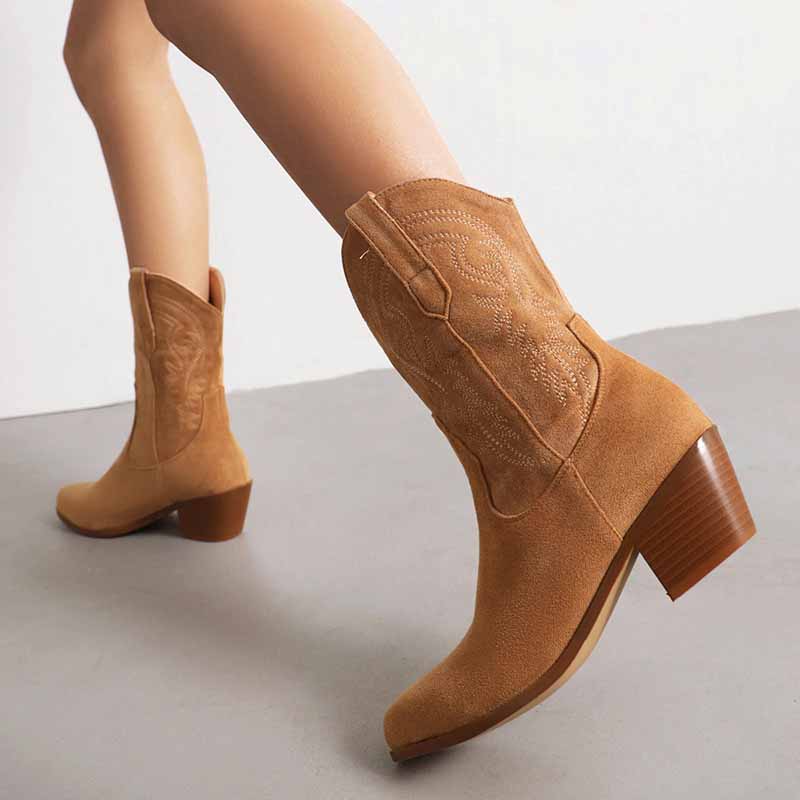 Stylish mid-calf western boots chunky heel in tan suede with intricate stitching detail