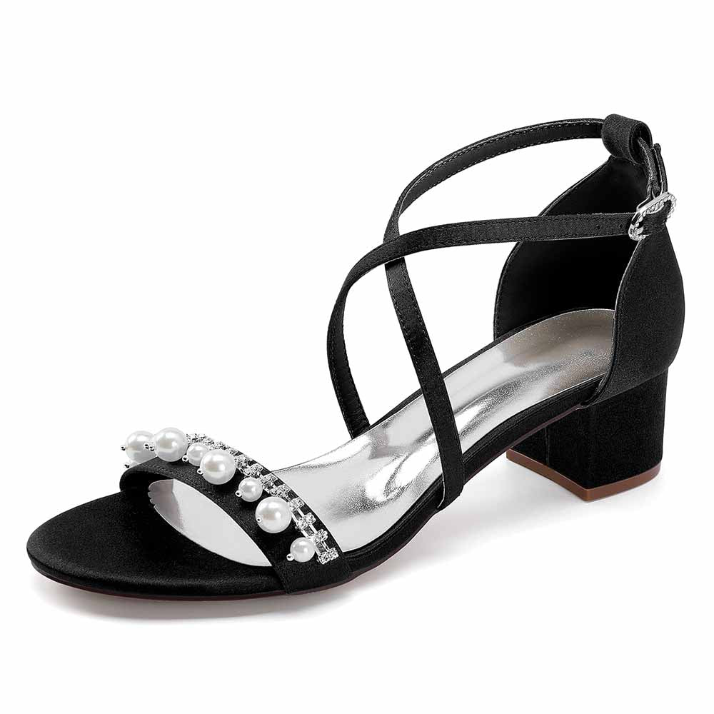 Elegant black chunky heel prom sandals with pearl embellishments and stylish straps