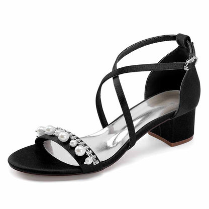 Elegant black chunky heel prom sandals with pearl embellishments and stylish straps