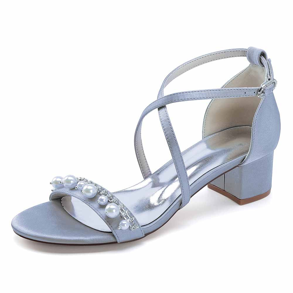 Elegant light blue chunky heel prom sandals with pearl accents for stylish occasions