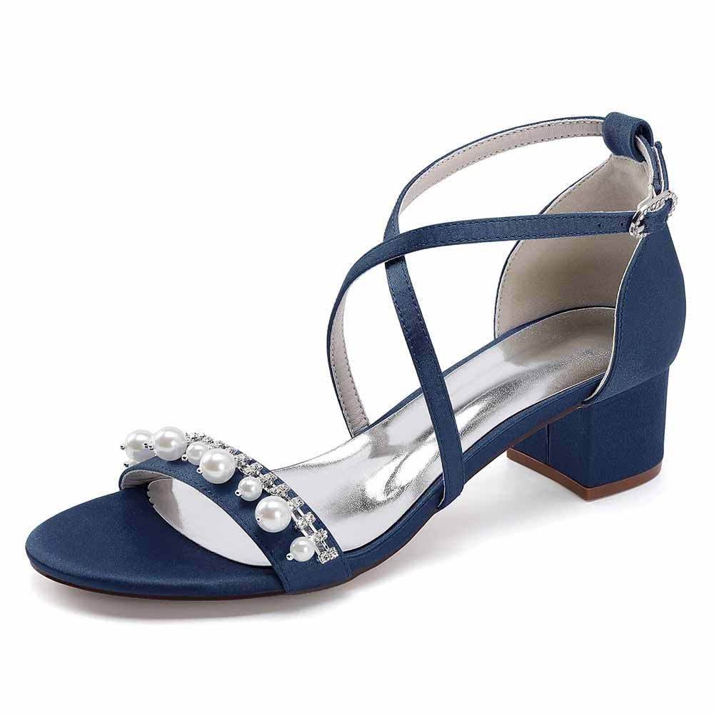 SD-HK Chunky heel prom sandals in navy blue with pearl embellishments and cross straps