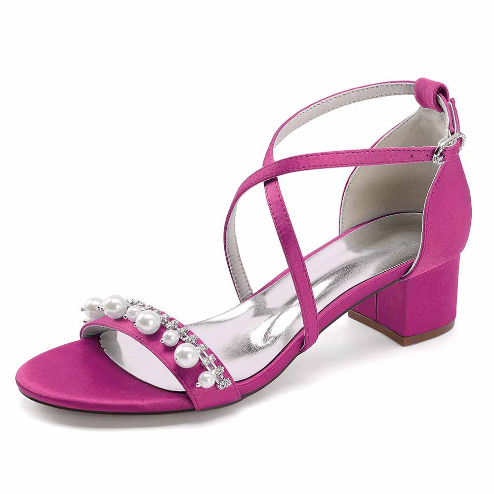 Pink chunky heel prom sandals with pearl embellishments and ankle strap for stylish evening wear