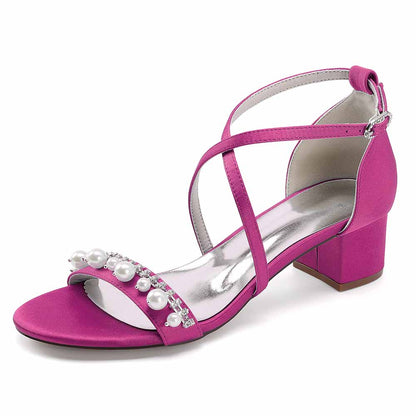 Pink chunky heel prom sandals with pearl embellishments and ankle strap for stylish evening wear