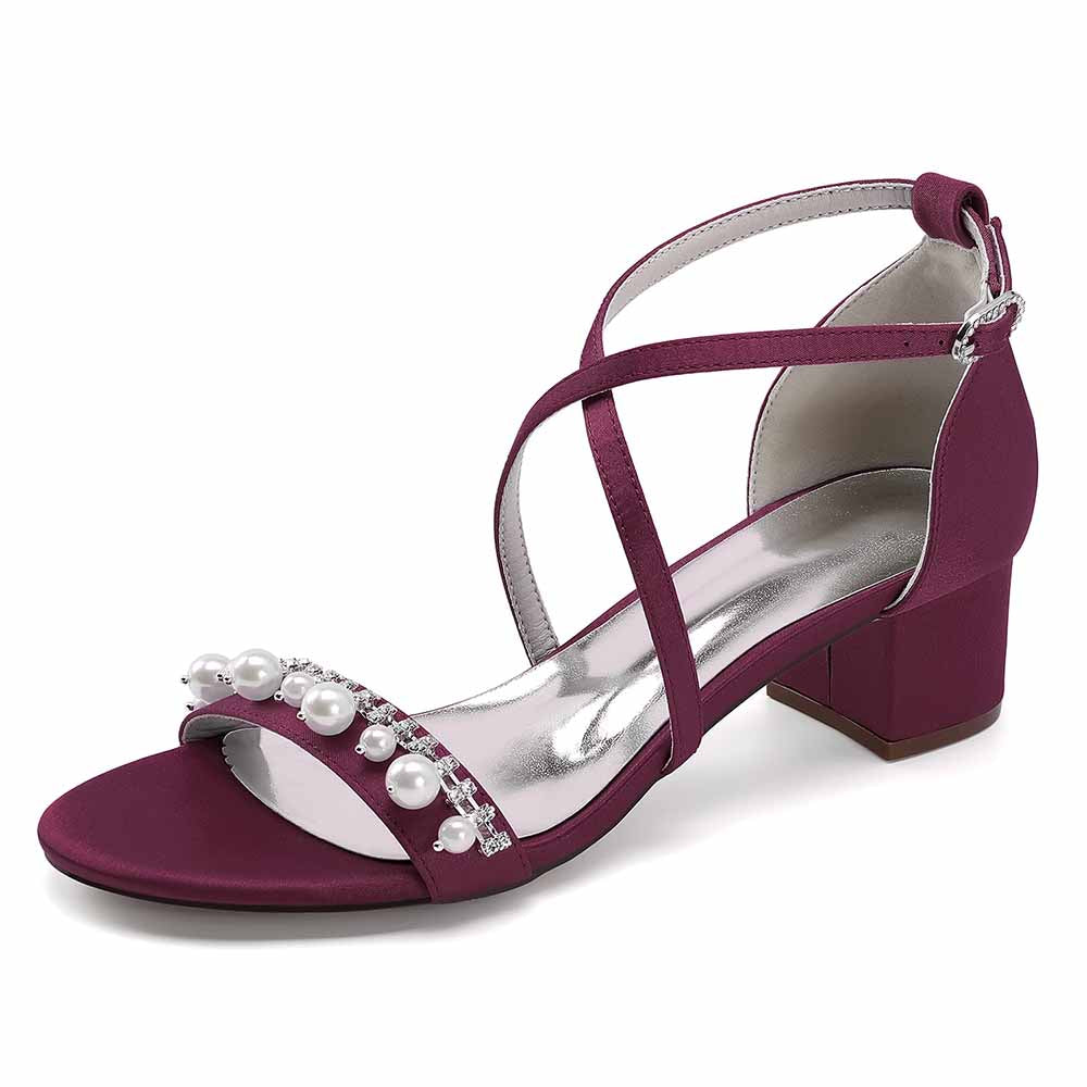 Elegant burgundy chunky heel prom sandals with pearl embellishments and crisscross straps