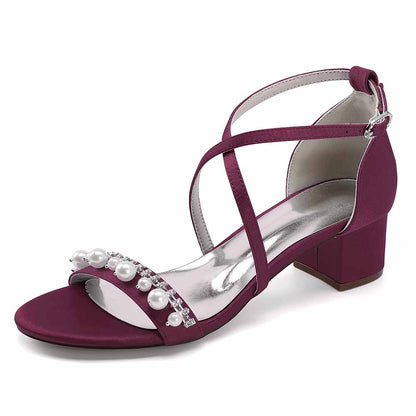 Elegant burgundy chunky heel prom sandals with pearl embellishments and crisscross straps