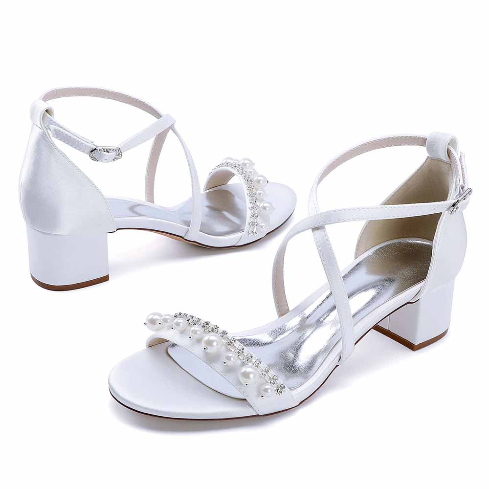 White chunky heel prom sandals with pearl and rhinestone embellishments for elegant occasions