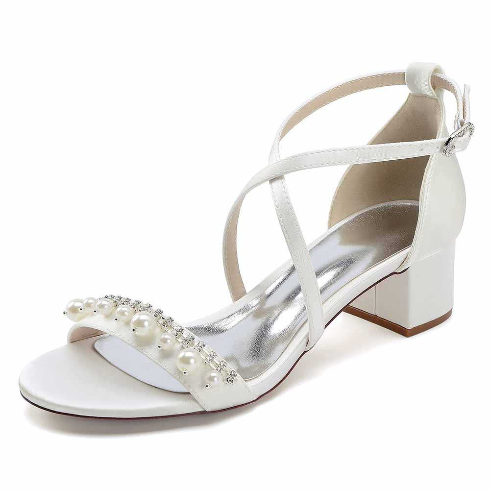 Elegant white chunky heel prom sandals with pearl and rhinestone embellishments for special occasions