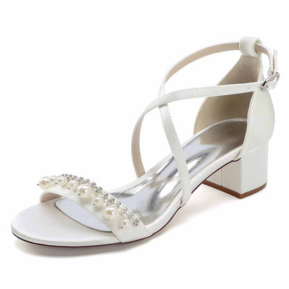 Elegant white chunky heel prom sandals with pearl and rhinestone embellishments for special occasions