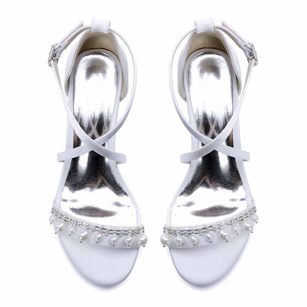 Elegant white chunky heel prom sandals with pearl embellishments for a stylish evening look