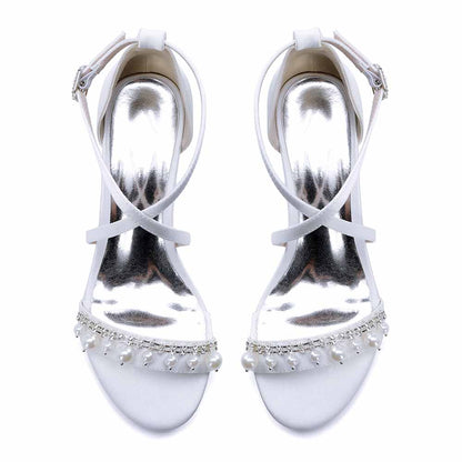 Elegant white chunky heel prom sandals with pearl embellishments for a stylish evening look