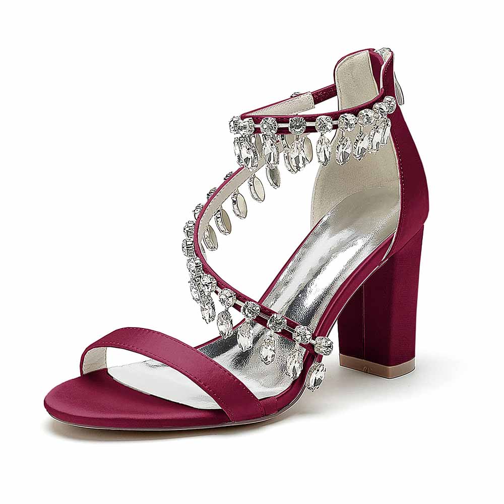 S&DCo. burgundy chunky heel prom shoes with embellished straps for elegant occasions