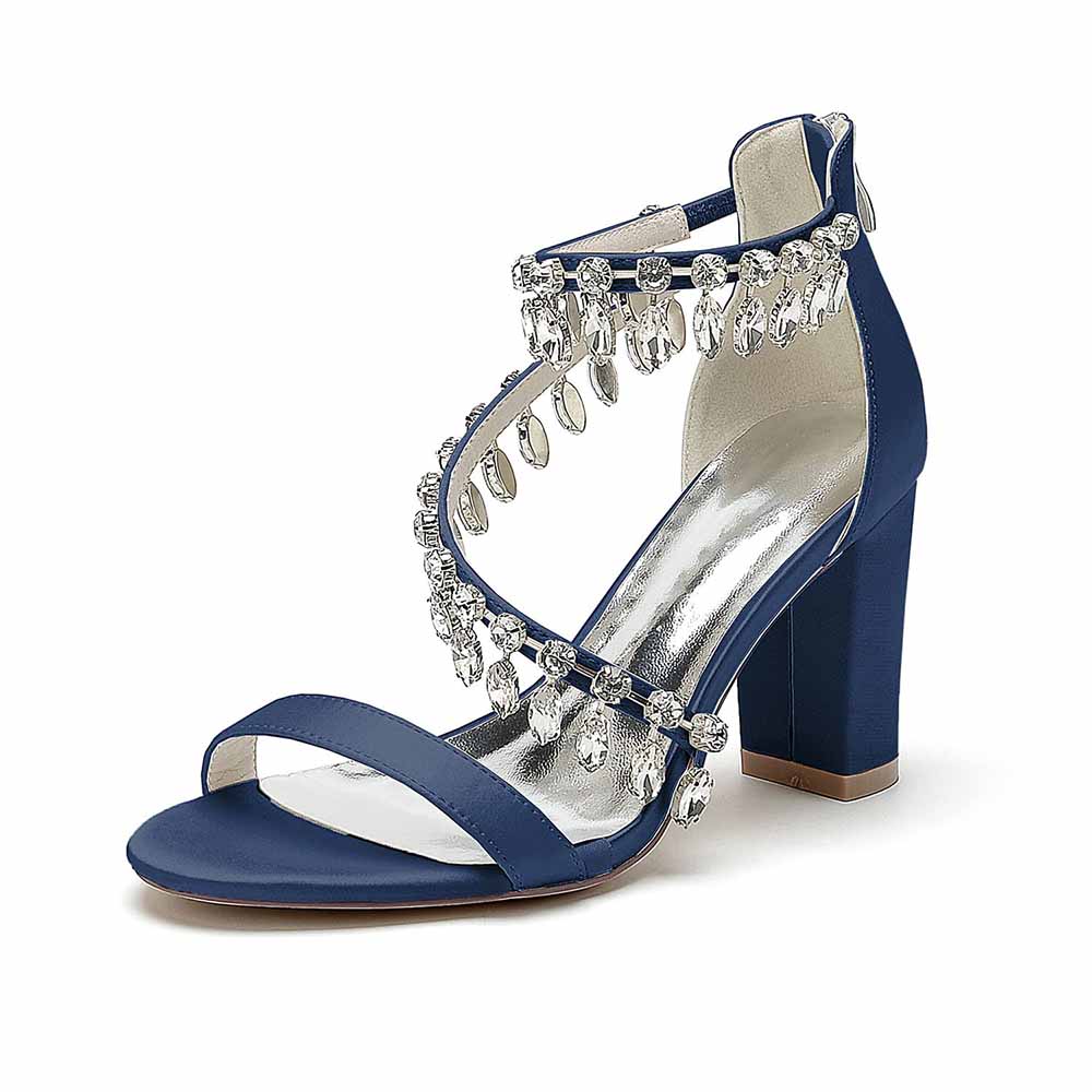Elegant navy blue chunky heel prom shoes with sparkling rhinestone embellishments and ankle strap