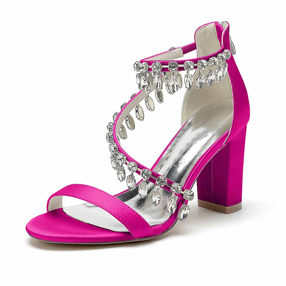 Pink S&DCo. chunky heel prom shoes with sparkling embellishments and open-toe design