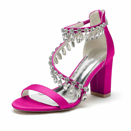 Pink S&DCo. chunky heel prom shoes with sparkling embellishments and open-toe design