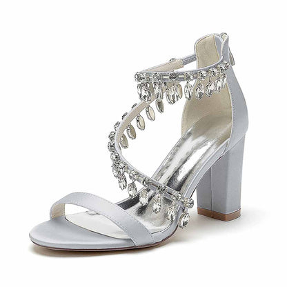 S&DCo. Silver Chunky Heel Prom Shoes with Dazzling Crystal Embellishments for Elegant Occasions