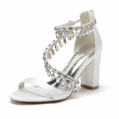 S&DCo. elegant white chunky heel prom shoes with jeweled detailing for special occasions