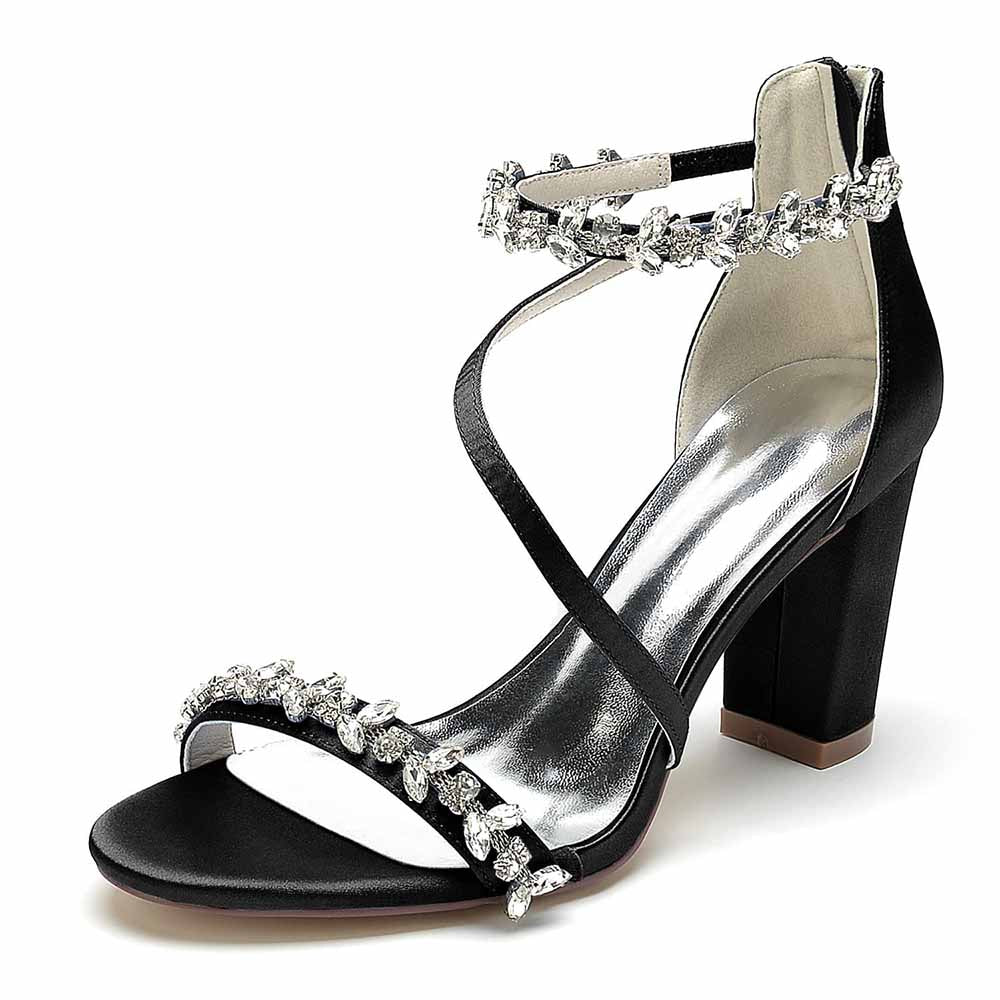 S&DCo. Black Chunky Heel Sandals for Event with Sparkling Rhinestone Details