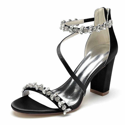S&DCo. Black Chunky Heel Sandals for Event with Sparkling Rhinestone Details