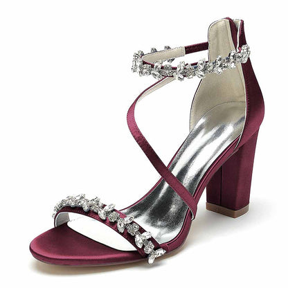 Burgundy S&DCo. chunky heel sandals for event with crystal embellishments and stylish straps
